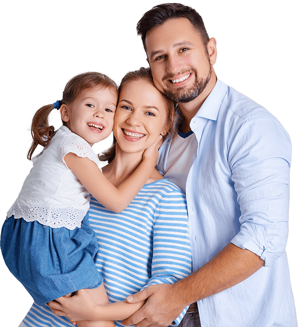 Mother and father smiling with child after visiting their family dentist in York