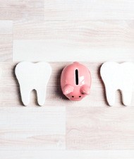 three wooden models of teeth with a piggy bank between them 