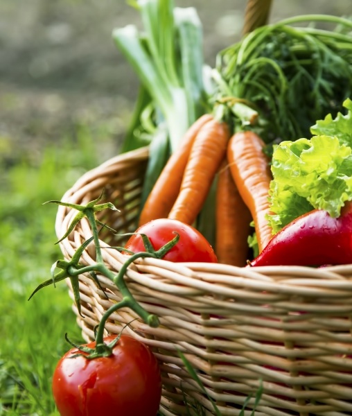 Basket with fresh fruits and vegetables